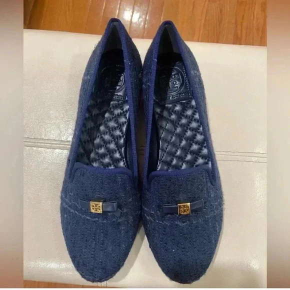 TORY Burch Chandra Tweed Navy Blue Loafers Sz 7.5 - Picture 9 of 12